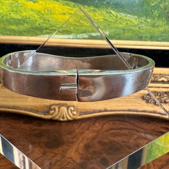 Vintage Mexican Sterling Silver Hinged Clamper Bracelet Azurite & Lapis Inlay 92 - Picture 3 of 12